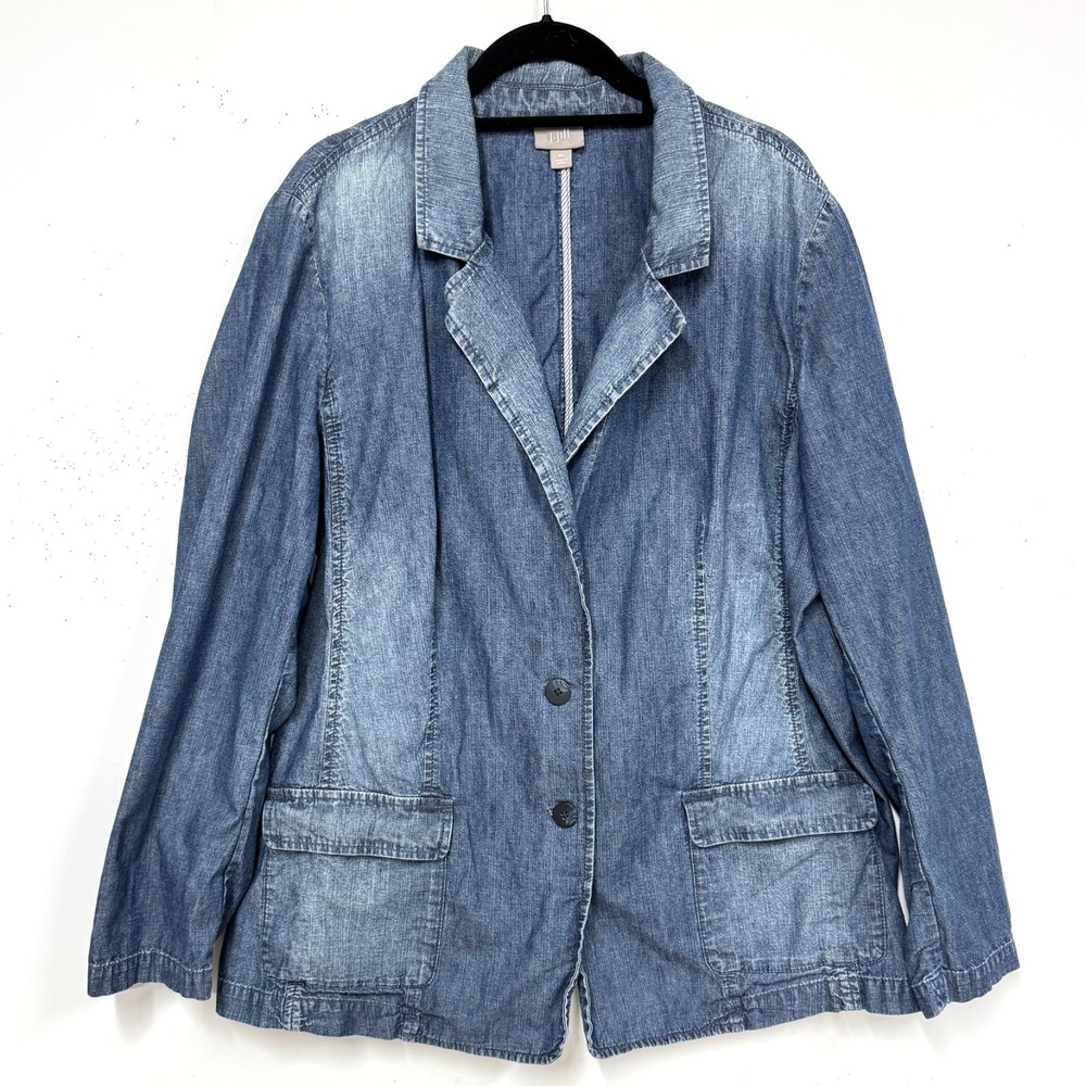 J.Jill Blue Denim 2-Button Blazer, Size XL Vintage Faded Design Pockets Cotton